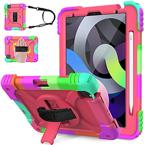 LEDNICEKER iPad Air 4 Case with Pencil Holder, iPad 10.9 Case 2020,Three Layer Hybrid Drop Protection Case with Finger Print Botton [360 Rotating Stand] Hand Strap for iPad Air 4 10.9 inch 4th -Rose