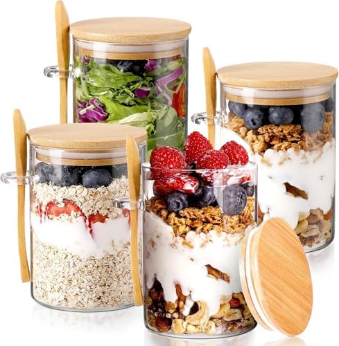 POLCANUR Glass Overnight Oats Jar, 4 Pack Containers with Bamboo Lids and Spoons, 18 OZ Glass with Clear Food Storage Jar for Sugar, Spices,Coffee Bean,Flour,Cookie,Candy,Nuts,Bath Salt Reusable Jars