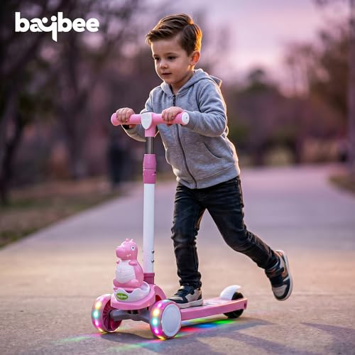 Image of Baybee Dino Blaze Kick Scooter for Kids | 3 Wheel Skate Scooter with RGB LED Wheels & Music | 3 Height Adjustable T-Bar Handle & Rear Brake | Foldable Skate Scooter for Kids 3 to 8 Years (Dark Pink)