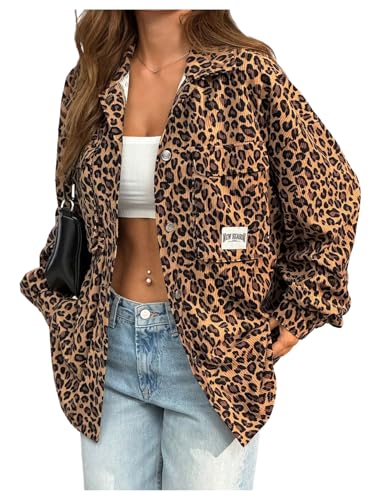Verdusa Women's Leopard Print Button Down Corduroy Jacket Vintage Outerwear with Pockets