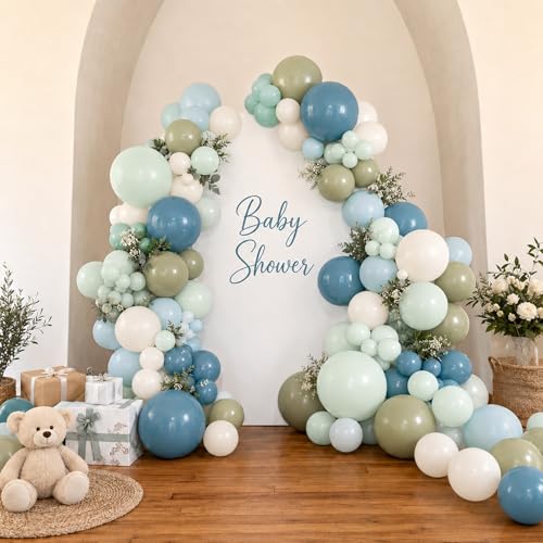Image of Boho Blue Green balloons, 12 Inch Sage Green Dusty Blue and Sand White Latex Balloons, Retro Avocado Beige Balloon for Boho Boy Baby Shower Kids Birthday Bridal Wedding Rabbit Party Decorations