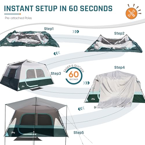 Camping Tent, Instant Cabin Tents for Camping, 8-Person Family Tent, Easy Setup in 60 Seconds with Porch, Large Waterproof Tents for Outdoor Camping, 5 Mesh Windows, Upgraded Ventilation (Green)
