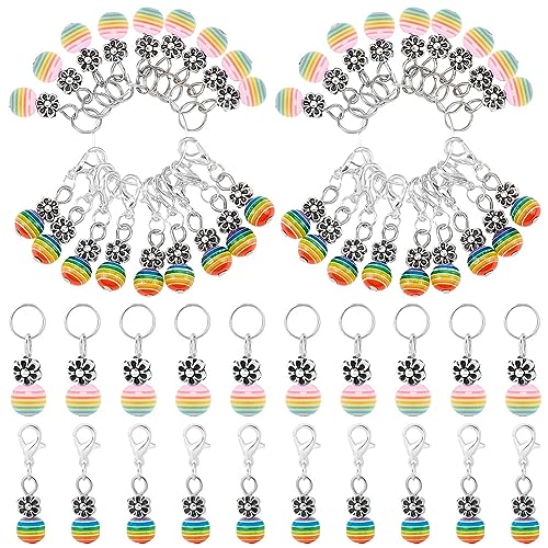 arricraft 100 Pcs Beads Stitch Markers, Rainbow Striped Resin Crochet Stitch Marker Charms, Lobster Clasp Locking Stitch Markers Knitting Charms for Weaving Sewing Crochet Jewelry Making