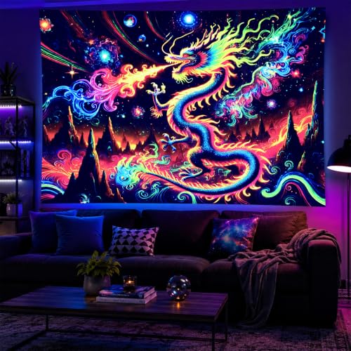 Image of BlissYard Dragon Tapestry Blacklight Tapestry 78x59 Inch UV Wall Hanging | Dragon Tapestry with Neon Dragon Skull Fantasy Scene for Gaming Room Bedroom Dorm and Trippy Wall Decor
