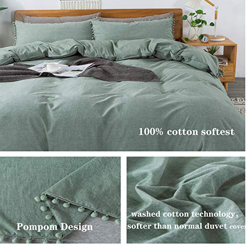 Softta Bohemian Bedding Twin XL Green Vintage Pom-Fringe Pompom Duvet Cover 3 Pcs Boho Quilt Cover 100% Washed Cotton Baby Teen Girls