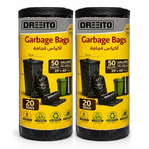 DREEITO 50 Gallon Garbage Bags Heavy Duty Black Trash Bags 75 x 103 cm Tear & Leak Resistant Oxo-Biodegradable Waste Bin Bags for Kitchen Home Office & Outdoor 40 Bags (2 Rolls x 20)