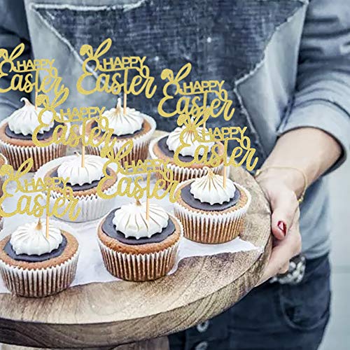 Ercadio 36 Pack Gold Happy Easter Cupcake Toppers Glitter Bunney Ear Cake Picks Decorations For Happy Easter Theme Party Supplies #TOP5