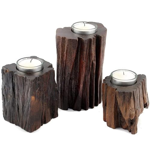 Gedeko Holz Teelichthalter 3er Set eckig unregelmäßig Dunkelbraun Schwarz Cover