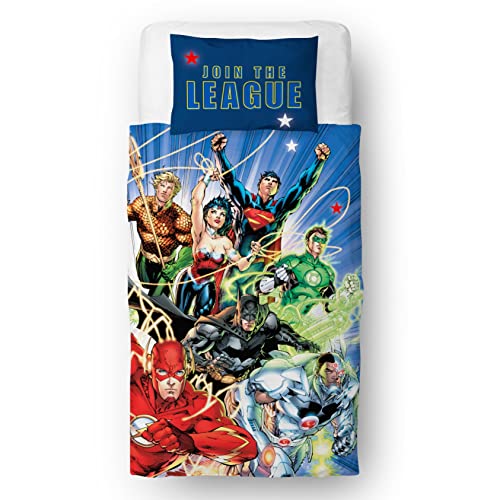 JUSTICE LEAGUE DC Comics Official Join Design Single Duvet Cover Set | Reversible 2 Sided Bedding Including Matching Pillow Case, Polycotton | Character World Brands Kids Single Bed Set