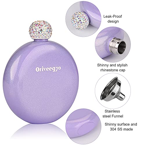 Oriveegyo Flask For Women Stainless Steel Purse Pocket Mini Size Carrying With Rhinestone Cap Funnel For Party Outdoor Activities Gift Ideas 5Oz (Purple), Flask P #TOP1