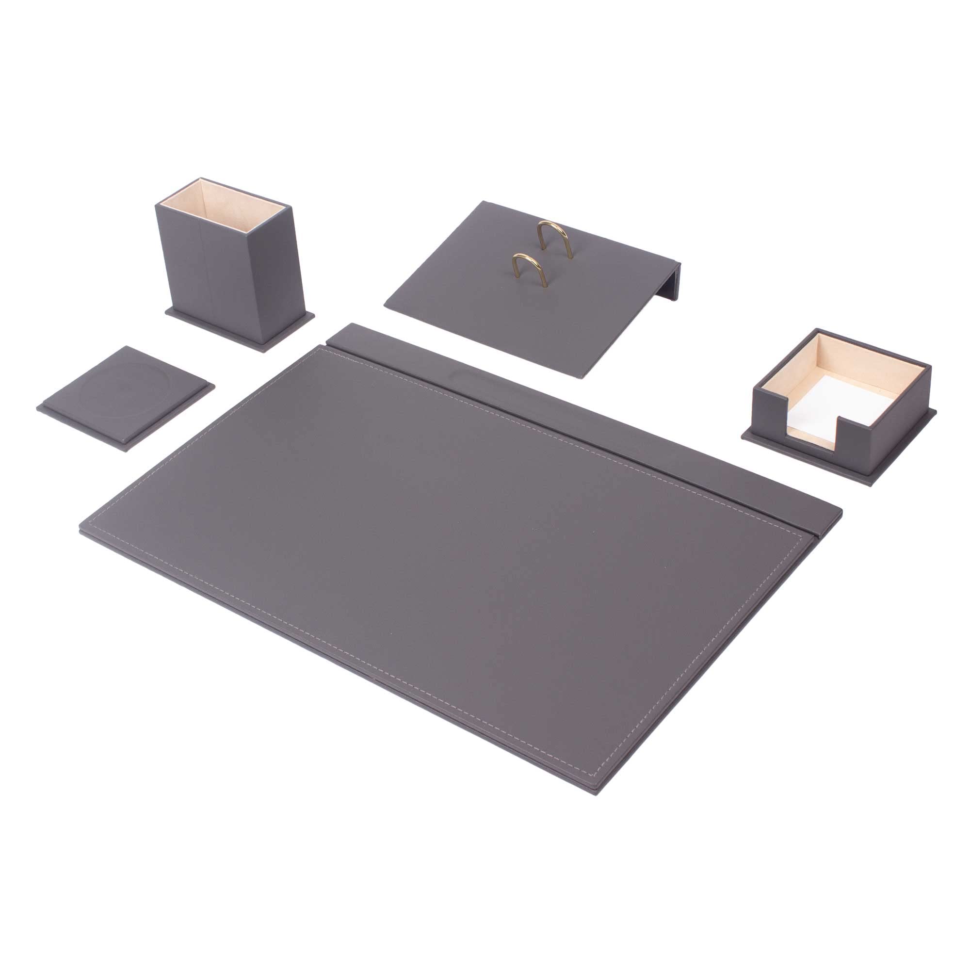 Set da scrivania in pelle grigia, sottomano da scrivania, porta foglietti per appunti, portapenne, sottobicchiere in pelle, accessori da scrivania, organizer da scrivania, accessori da