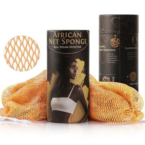 African Net Sponge Authentic Exfoliating Body Scrubber for Shower & Bath, Deep Cleansing Lather for Dead Skin Removal, Back Scrubber Gift for Women & Men（Orange）