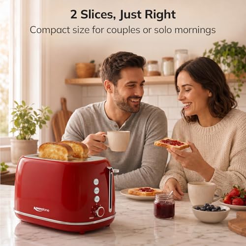 Image of 2 Slice Stainless Steel Toaster Retro with 6 Bread Shade Settings, Bagel, Cancel, Defrost Function, Extra Wide Slot, Removable Crumb Tray, Red