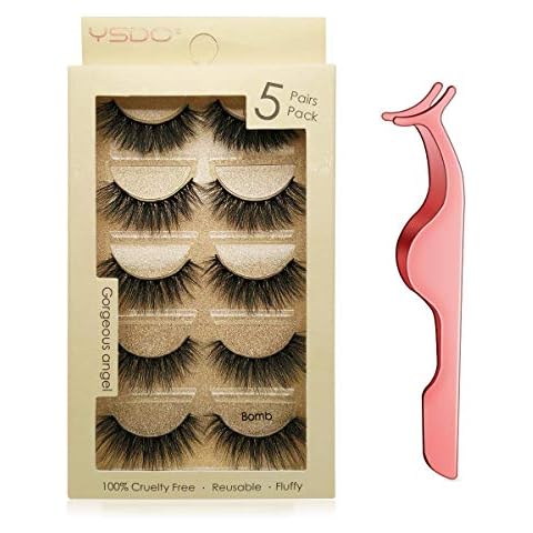 Leipple False Eyelashes 5 Pairs - Professional Reusable 3D Mink Lashes - Handmade Natural Thick Fluffy Fake Eyelashes with Stainless Steel Eyelash Tweezers (Bomb) Cover