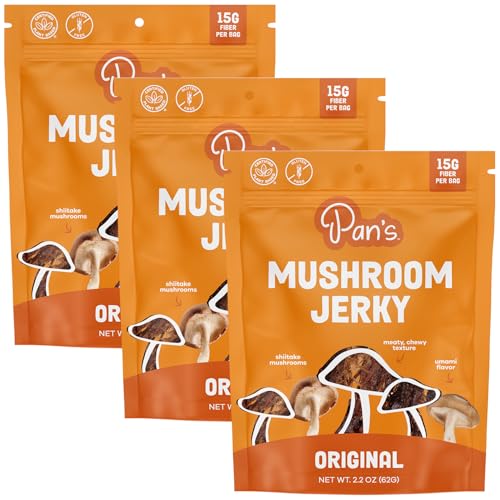 Pan's Mushroom Jerky, Vegan Snacks, Dried Mushrooms Shiitake, Plant based Jerky, Meatless Jerky, Gluten Free, High in Fiber, with Original flavor (2.2 Ounce, Pack of 3)
