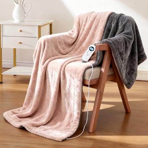 Image of Eastsora Heated Blanket Electric Blanket Heating, Dual Control Soft Ribbed Faux Fur Electric Blanket with 12 Heat Levels 12H Timer ETL FCC Certified Machine Washable (Pink+Gray, Single - 50" x 60")