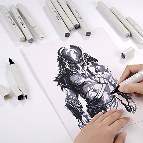 Dual Tip Grayscale Markers Pens - Permanent Sketch Cool Grey Tones Art Paints Pen for Illustration, Drawing, Outlining, Shading, Design, Rendering - Set of 12 Colors Includes Colorless Blender