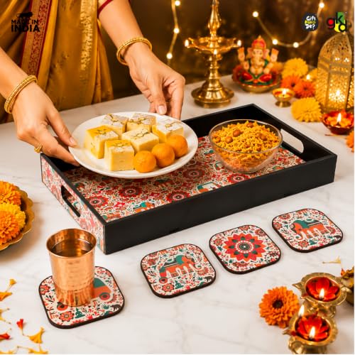 Image of GKD Wooden Serving Tray with Vibrant India Design | Set of 5 (1 Tray + 4 Coasters) | Premium MDF | Rectangular Decorative Tea Coffee Serving Tray | Multicolor Large | Made in India (Vibrant India)