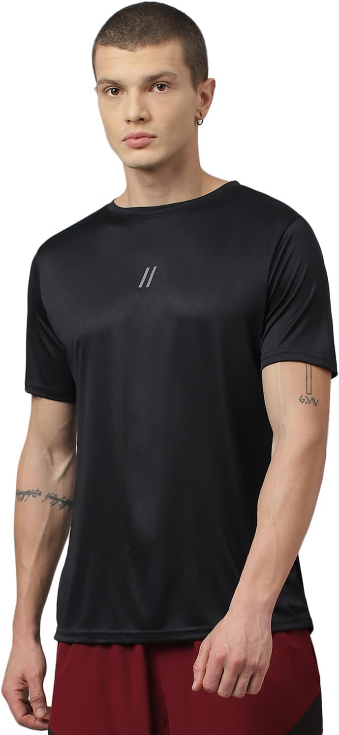Slim Fit Polyester Sports T-Shirt for Men - Round Neck Quick Dry Fit Half Sleeve Breathable Stylish Gym & Workout Tee - Lightweight Running Cycling Football Swimming Training Sportswear Top
