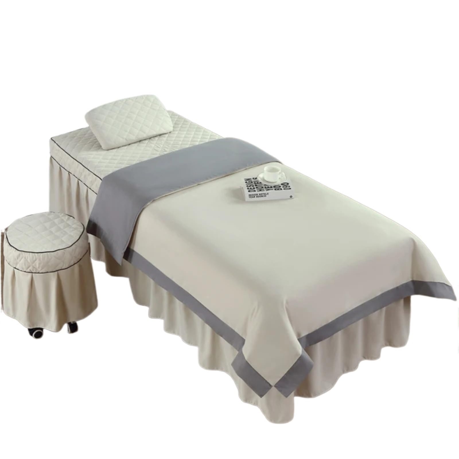 Beauty Salon Bed Cover Sets 4pcs Massage Spa Bed Cover Bedspread Pillowcase Stool Club Salon Sets(Beige,190x80)