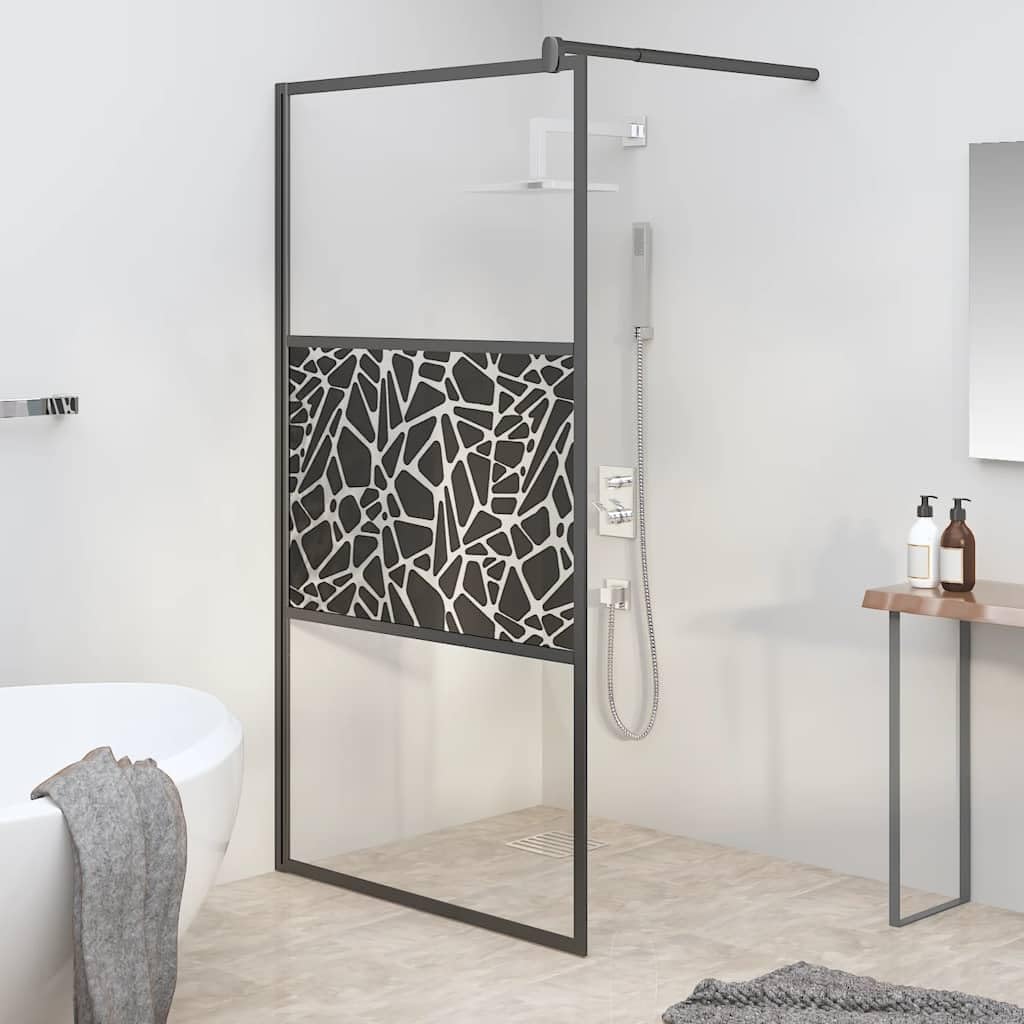 Parete doccia per cabina doccia, 115 x 195 cm, design in pietra ESG, colore nero, con telaio in alluminio, vetro di sicurezza da 5 mm, profilo regolabile, paraspruzzi per bagno