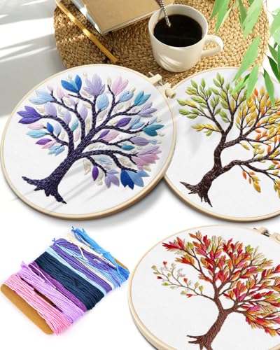 Image of TINDTOP Embroidery Kit for Adult, 3 Pack Embroidery DIY Starter Kit | with Stamped Patterns, Hoop, Tools, Colorful Threads with Needles, Instructions (Color Tree)