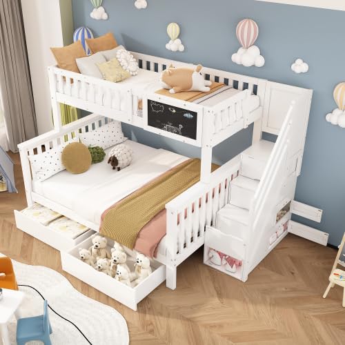 Merax Kinder-Etagenbett 90x200+140x200 cm mit Tafel, Schubladen, Treppe und Sicherheitsgeländer, Multifunktionales Hochbett, Weiß, Massivholz