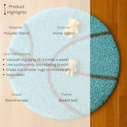 Image of (3x3 feet Basketball Shaped Shaggy Rug - Soft Plush Round Carpet for Kids Room, Sports Theme Bedroom, Living Room Decor - Non-Slip, Machine Washable -(Classic Turquoise, Round)
