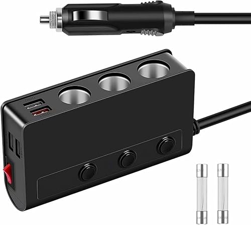 Amiss Toma de corriente continua para automóvil de 3 enchufes con adaptador de encendedor de cigarrillos 4USB, 180 W, 12 V/24 V, cargador de coche