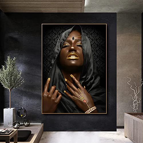 Peinture toile portrait femme noir et or affiche art mural luxe