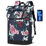 SUEBEKUE Rucksack Rolltop,Schulrucksack Damen und Herren Rucksack mit 17.3 Zoll Laptopfach für Universität Studium Arbeit Fahrrad (17.3 zoll, Blume)