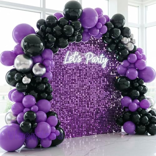 Image of Black and Purple Balloons - 132pcs 18'' 12'' and 5'' Purple Black Balloon Arch Kit with Metallic Silver Balloons for Birthday Party Halloween Graduations Corporate Event and Gaming Night