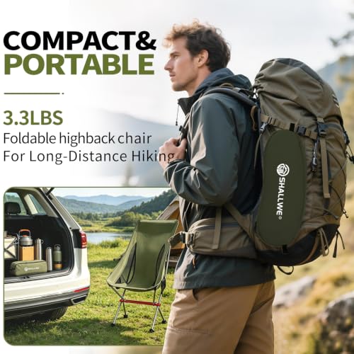 SHALLWE Silla de Camping Plegable para Adultos, Marco de Aluminio, Respaldo Alto con Almohada, Bolsa de Transporte, Color Verde miniatura 4