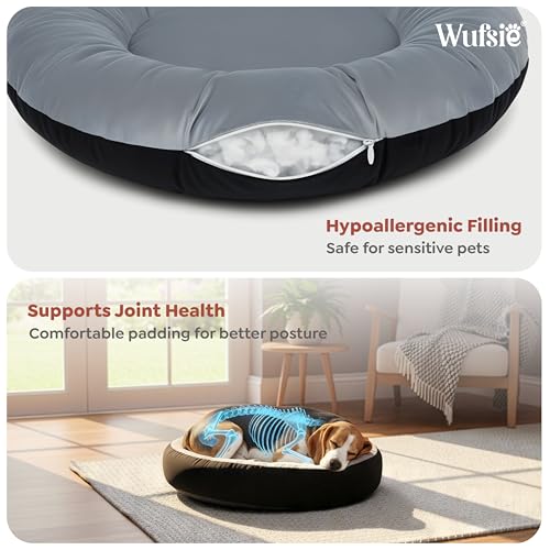 Image of Velvet Dog Bed in Round Shape | Small 60 Cm | Premium Velvet Pet Bed for Cats and Puppies | Soft & Cozy Sleeping Bed for Dog with Removable Insert | Black & Grey