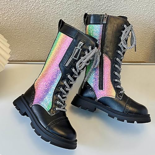 Glitter Boot for Girls Colorful Sparkly Lace Up Punk Goth Combat Boots Western Horse Riding Chunky Heel Kids Shoes2