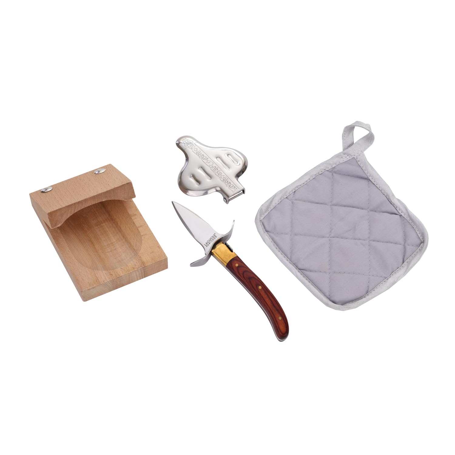 Coffret complet Set à huîtres - 4 Accessoires - Couteau à huîtres, Presse-citron, Bloc huîtres, Manique - Acier inoxydable, bois de palissandre - Coffret cadeau