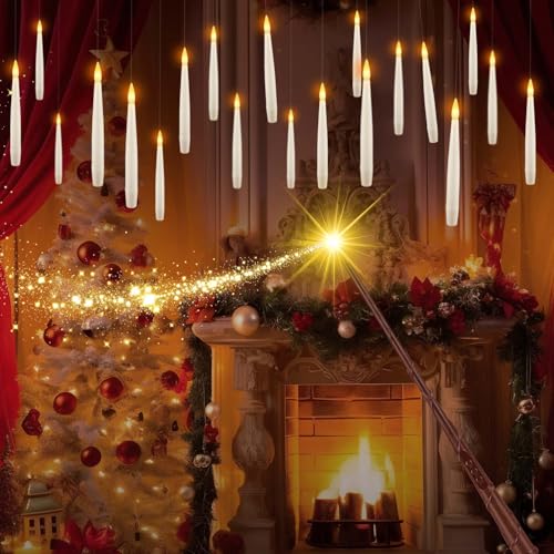 Image of 36 Pcs Halloween LED Magic Hanging Floating Candles, Taper Flickering Flameless with 2 Magic Wands - Candle Set for Halloween, Christmas, Weddings, Birthdays & Fantasy Ambiance...