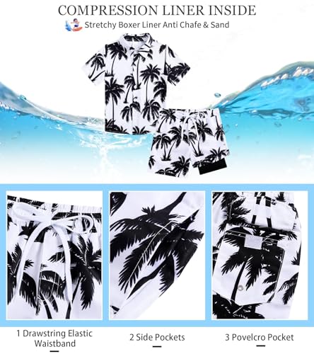 Image of UNICOMIDEA Boys Hawaiian Outfits Tropical Print Button Down Shirt + Swim Trunks 2 Piece Sets for 5-12T Kids