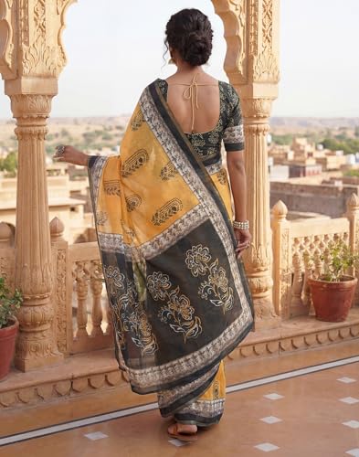 Image of SIRIL Women's Printed Cotton Linen One Minute Ready to Wear Saree With Unstitched Blouse Piece
