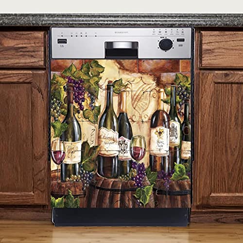 Grape And Wine Magnet Cover For Dishwasher Door,Vintage Wine Magnetic Refrigerator Cover Sticker,Wine Bottle And Wine Glass Dishwasher Wraps,Vintage Wine Kitchen Cabinet Decor,Gifts For Mom #TOP7