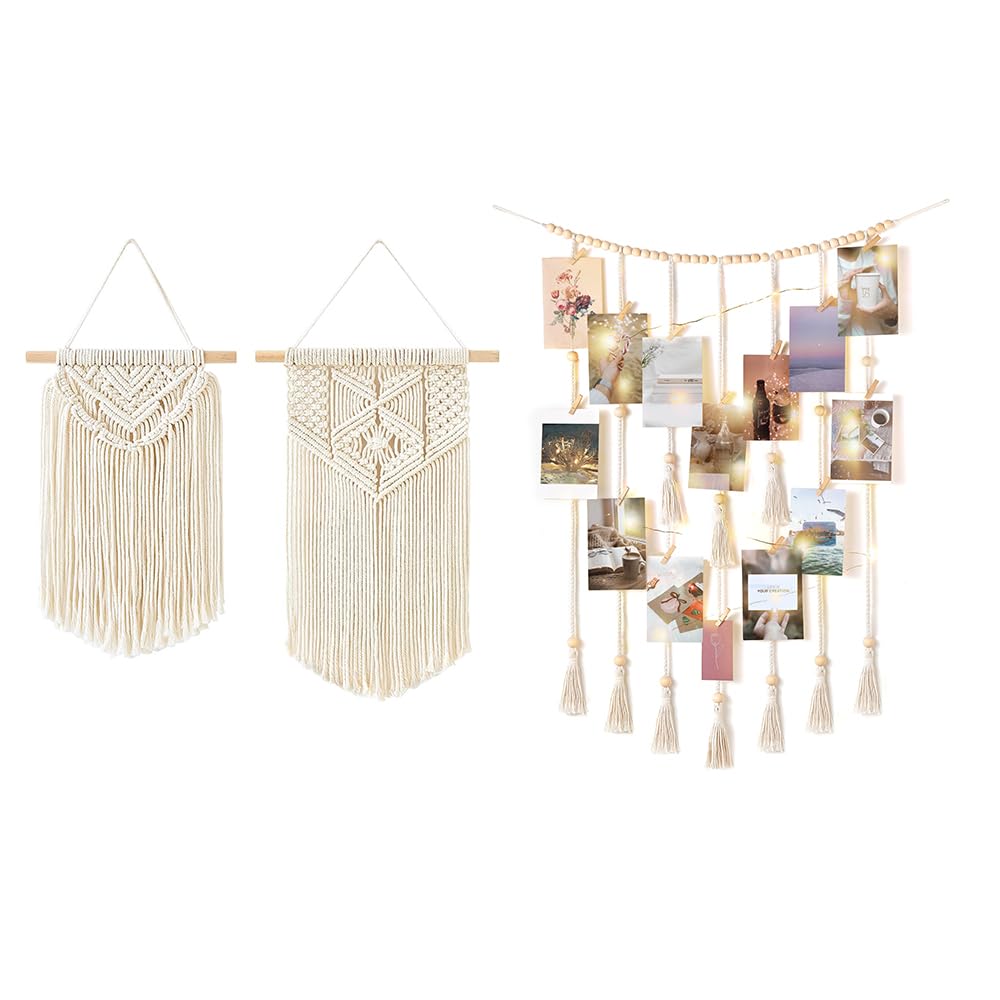 Mkono 2 Pcs Macrame Wall Hanging and Macrame Hanging Photo Display with String Light Boho Home Decoration for Bedroom Headboard Living Room Dorm Nursery Apartment Office, Set of 3