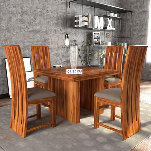 Image of Solid Sheesham Wood 4 Seater Dining Table Set with Cushioned Chairs for Dining Room | Living Room | Home & Office | Hotels Restaurant & Cafe (4 Seater, Honey H)