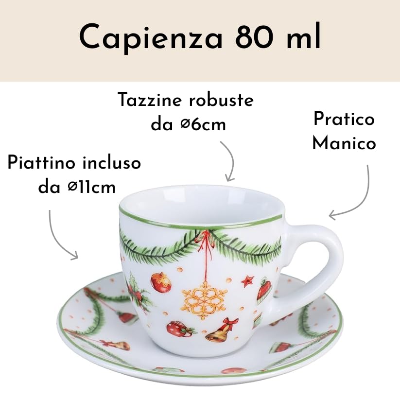 Tazzine Caffè, Set 6 Pezzi Fantasia del Natale in Porcellana con Piatto – Tazzine Caffè Particolari con Decorazioni Natalizie e Idea Regalo Natale per la Tavola delle Feste