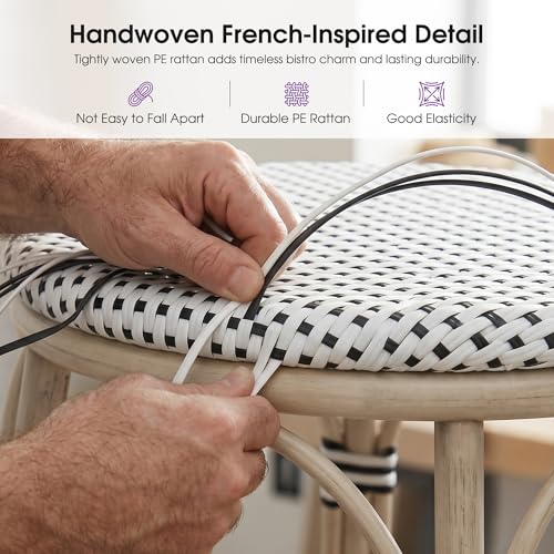 Image of PURPLE LEAF Patio French Round Counter Stool Set of 2 Backless 26 inch Large Seat White Print Aluminum Frame Barstools with Handwoven Rattan Wicker for Outdoor Kitchen Cafe White and Black