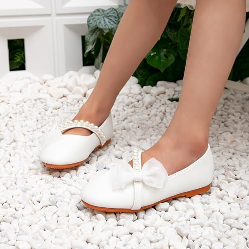 IWIHMIV Toddler Girls Dress Shoes Flower Girl Comfortable Mary Jane Ballet Flat Pearls Bow Wedding Party Shoes4
