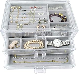Acrylic Jewelry Box 3 Drawers, Velvet Jewellery Organizer, Earring Rings Necklaces Bracelets Display Case Gift for Women, Girls