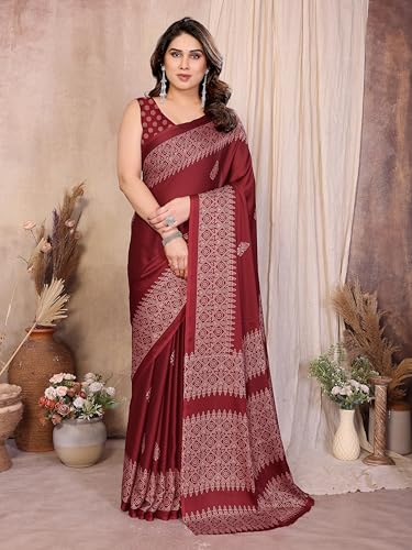 Image of Amazon Brand - Tavasya Womens Blocked Printed Daily Wear Chiffon Georgette Saree With Blouse With Blouse