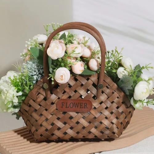 Wood Baskets Woven Hand-Held Wicker Cachepot For Flowers Pot Wicker Baskets Girl Storage Basket with Handle Wedding Home Decor