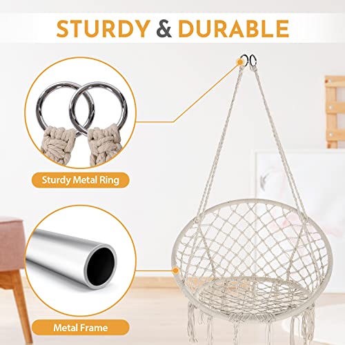 Image of Garpans Hammock Chair Macrame Swing Set of 2 Bohemian Style Hammock Swing Chair with Tassels Hanging Swing Chair Handmade Knitted Cotton Rope for Indoor Outdoor Bedroom Patio Max 330 Lbs Beige