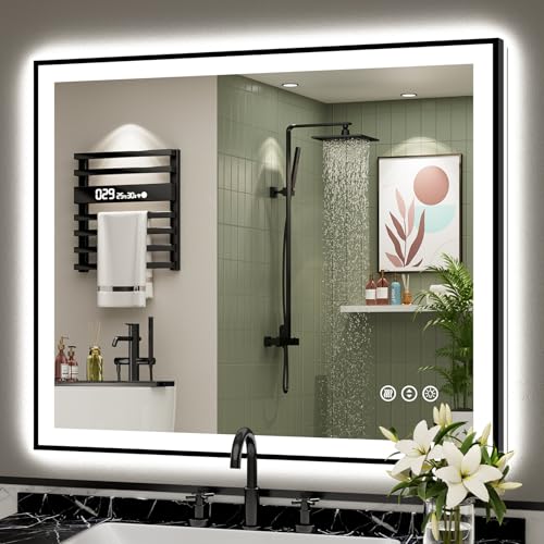 Image of 40x36 Black Framed LED Bathroom Mirror with Lights, Backlit and Front Lit Anti-Fog Lighted Vanity Mirrors for Bathroom Wall, Dimmable, 3 Colors, Memory, HD Tempered Glass, Horizontal /Vertical